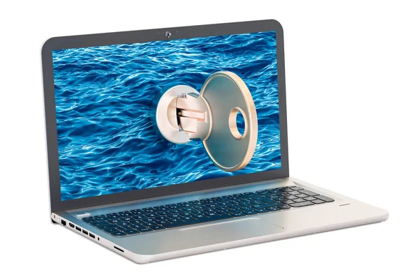 Laptop com chave, conceito de segurança e proteção. Renderização 3D — Fotografia de Stock
