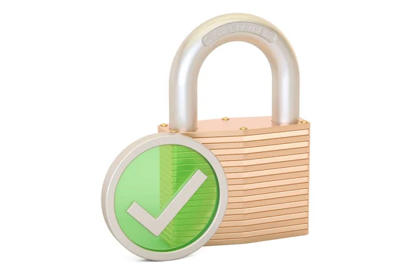 Cadeado com marca de verificação verde, conceito de pagamento de segurança. Rend 3D — Fotografia de Stock
