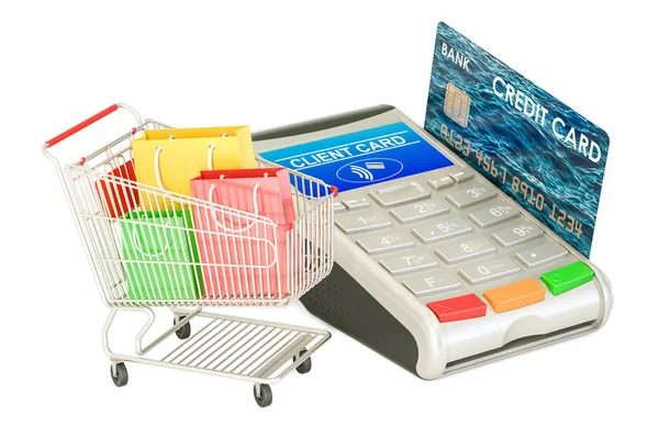 Concepto de compras. TPV-terminal con tarjeta de crédito y coche comercial —  Fotos de Stock