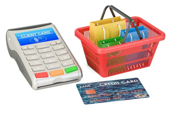 Concetto di shopping. POS-terminale con carta di credito e shopping bas — Foto Stock