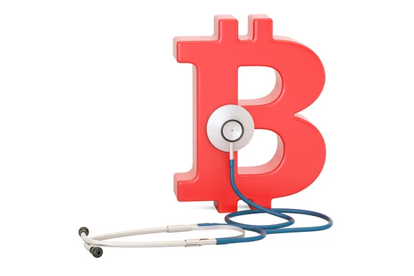 Bitcoin and stethoscope, financial aid concept. 3D rendering — Stock Photo, Image