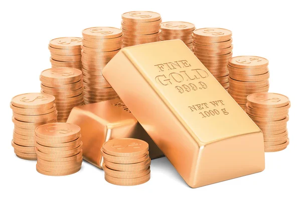 Zlaté slitky a zlaté mince, vykreslování 3d objektů — Stock fotografie