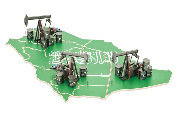 Mappa dell'Arabia Saudita con barili di petrolio e pompette. Produzione petrolifera — Foto Stock