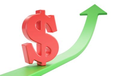 Dolar, 3d render sembolü ile büyüme Yeşil ok