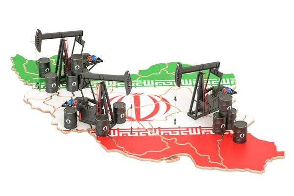 Mapa de Irán con barriles de petróleo y calabazas. Concepto de producción de petróleo . — Foto de Stock