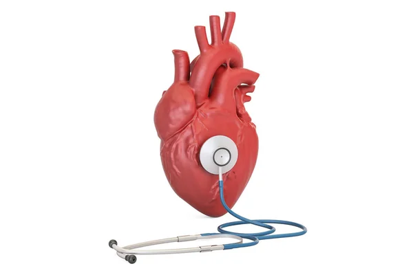 Estetoscopio con corazón humano, concepto médico. Renderizado 3D — Foto de Stock