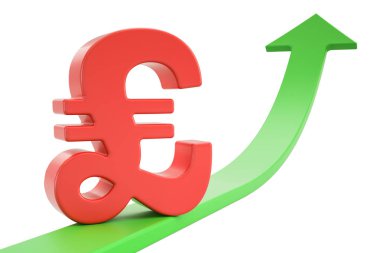 Büyüme Yeşil ok sembolü pound Sterling, 3d render ile
