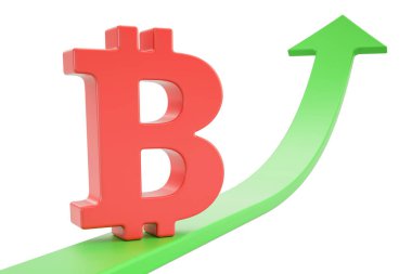 Bitcoin sembolü, 3d render ile büyüme Yeşil ok