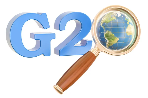 Konsep G20 dengan globe Bumi dan pembesar, render 3D — Stok Foto