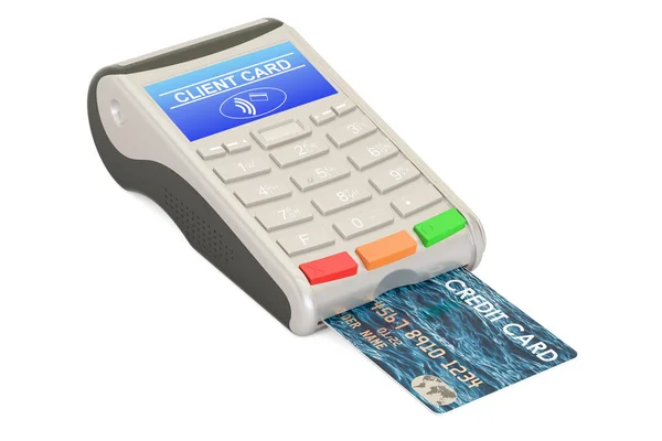 POS-terminale con primo piano della carta di credito, rendering 3D — Foto Stock