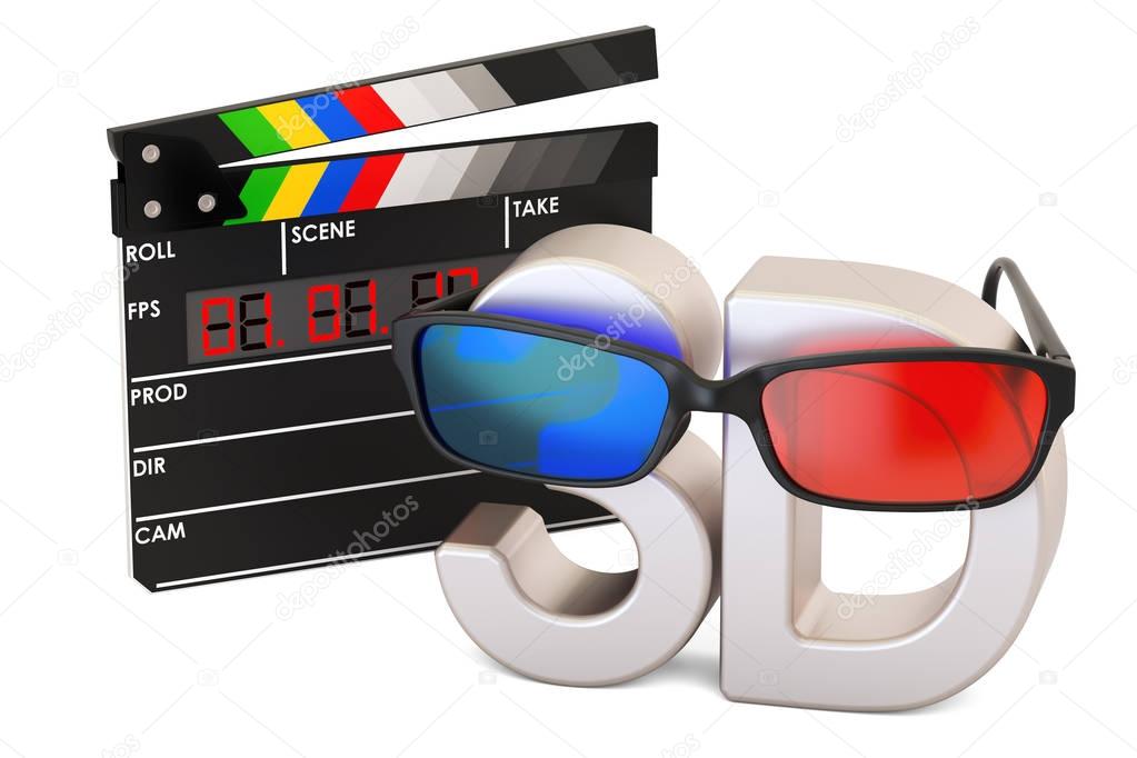 3D cinema concept with 3D glasses and digital movie clapper boar