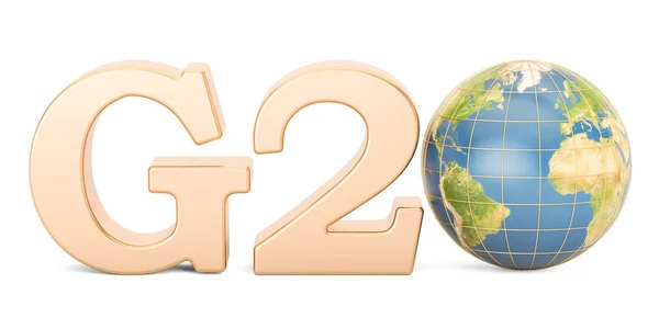 G20 koncept. Zlatý nápis s Earth zeměkoule, vykreslování 3d objektů — Stock fotografie