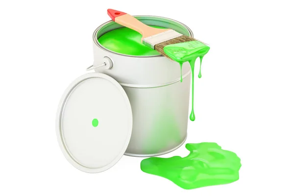 Can with green paint and brush, 3D rendering — Stock Photo, Image