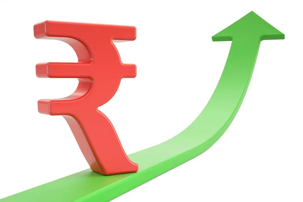 Growth green arrow with symbol of rupee, 3D rendering — Stock Photo, Image