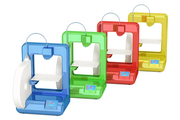 Set gekleurde moderne 3D-printers, 3D-rendering — Stockfoto