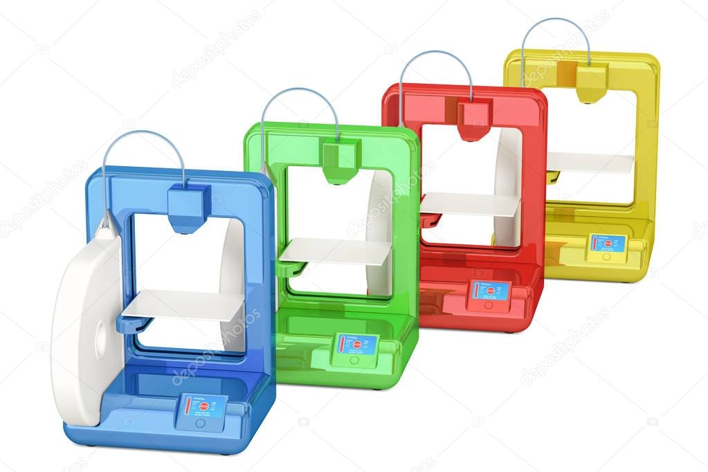 Set of colored modern 3D printers, 3D rendering
