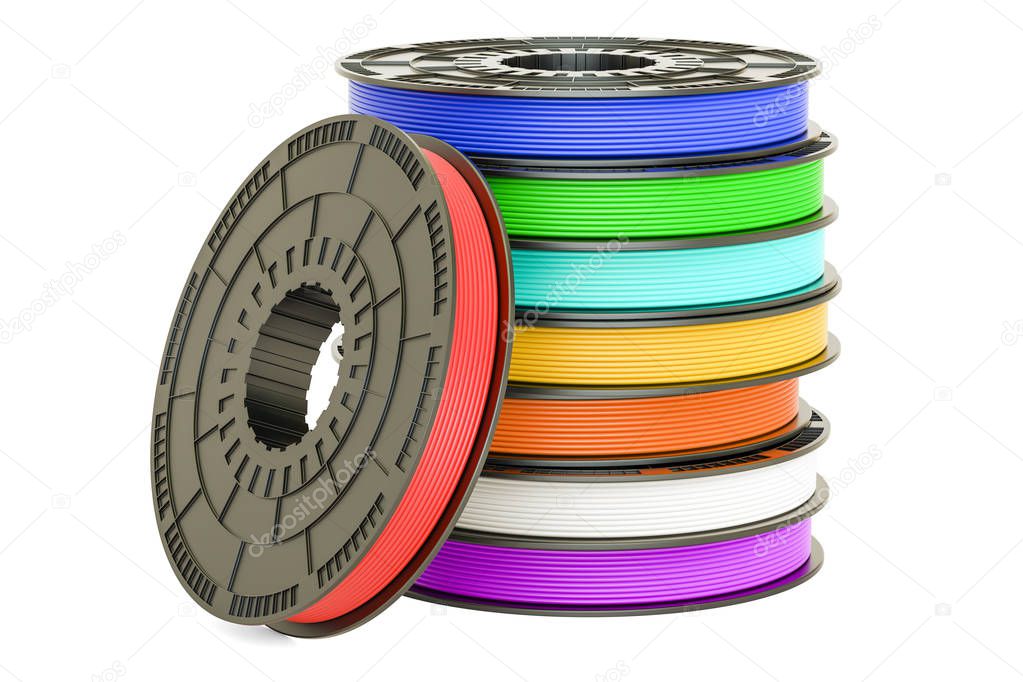 Set of colored 3D printer filaments, 3D illustration