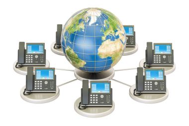 Dünya Dünya, küresel iletişim kavramı ile VoIP kavramı. 3D 