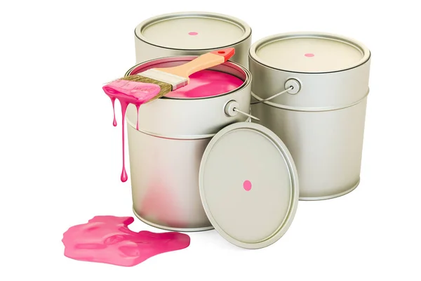 Blikken met roze verf en penseel, 3D-rendering — Stockfoto