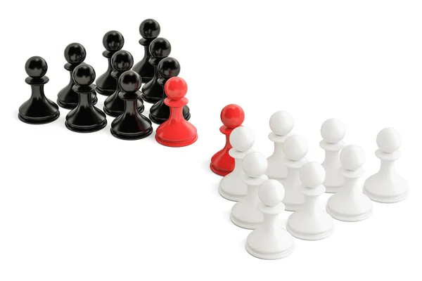 Ajedrez, confrontación y concepto de oposición con dos líderes. 3D — Foto de Stock