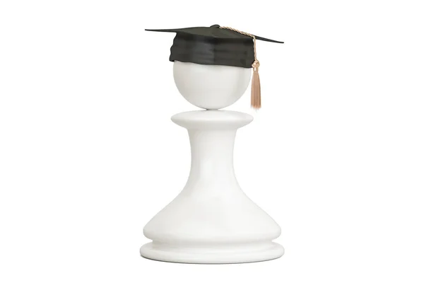 Utbildning-konceptet. Chess bonde med examen cap, 3d-rendering — Stockfoto