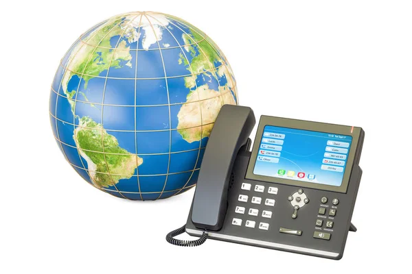 Concepto de comunicación global. Teléfono IP con globo terráqueo, 3D rend — Foto de Stock