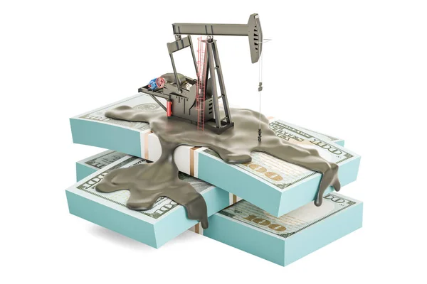 Oil production and trading concept. Oil pump jack with dollar pa