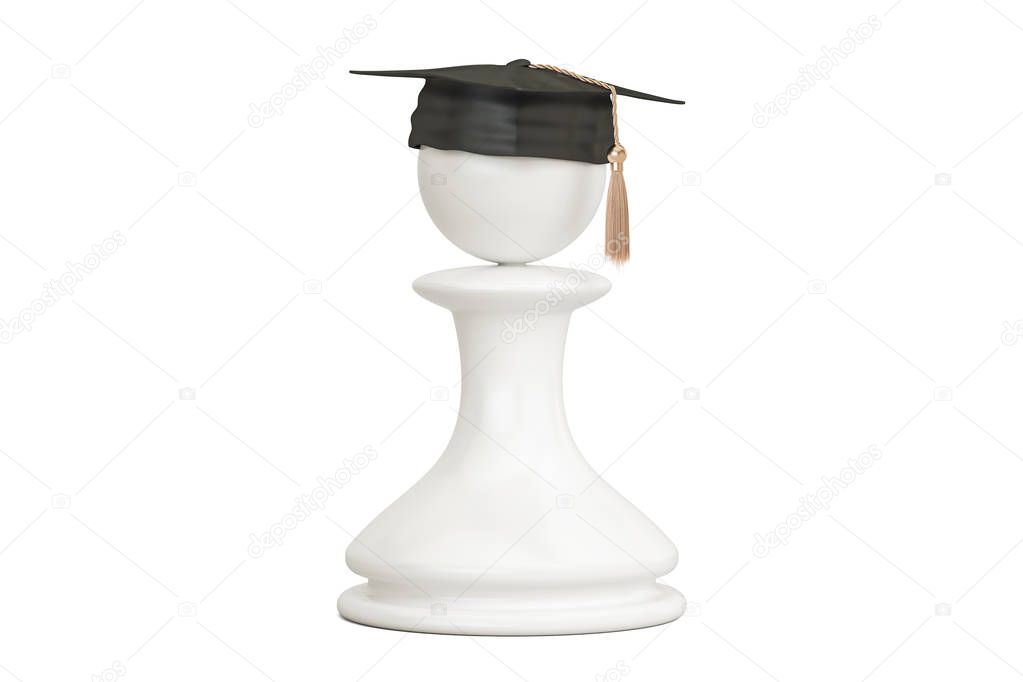 Education concept. Chess pawn with graduation cap, 3D rendering