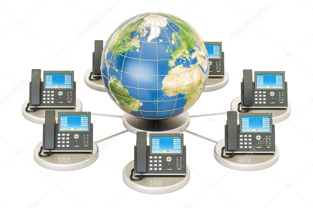 VoIP concept with Earth globe, global communication concept. 3D 