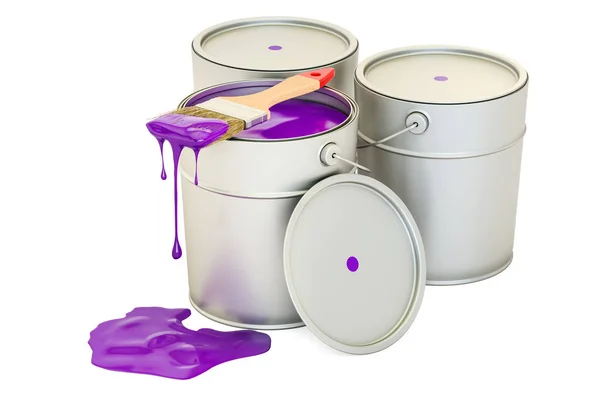 Latas con pintura púrpura y pincel, representación 3D — Foto de Stock