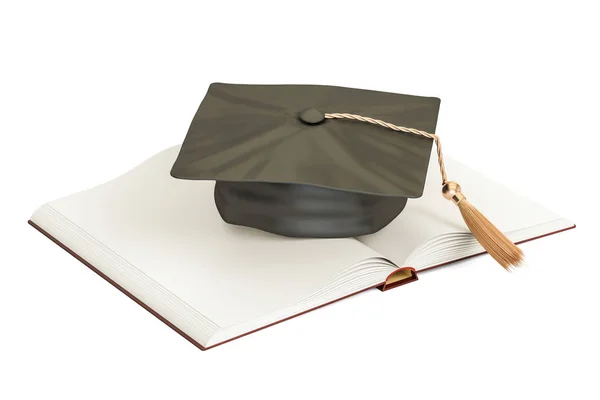 Aufgeschlagenes Blankobuch mit Graduiertenmütze. 3D-Darstellung — Stockfoto