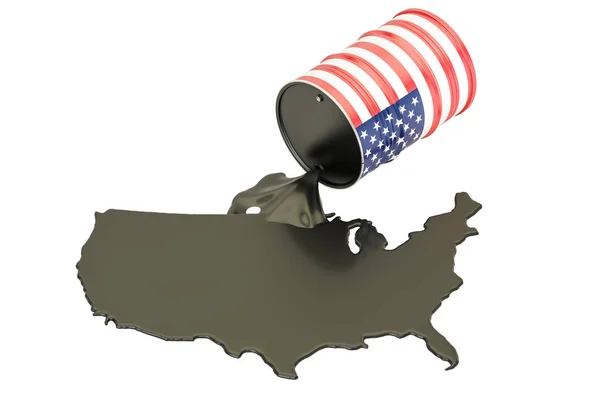 Карта США с нефтью и баррелем. Концепция добычи нефти. 3D-рендерин — стоковое фото