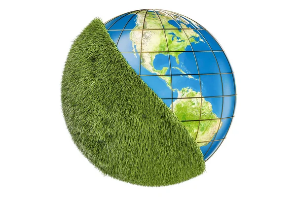 Ecologia concetto del mondo, globo terrestre con erba verde. Rendina 3D — Foto Stock