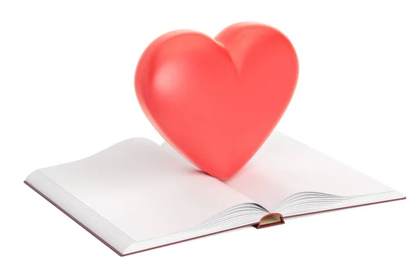 Libro bianco aperto con cuore rosso, rendering 3D — Foto Stock