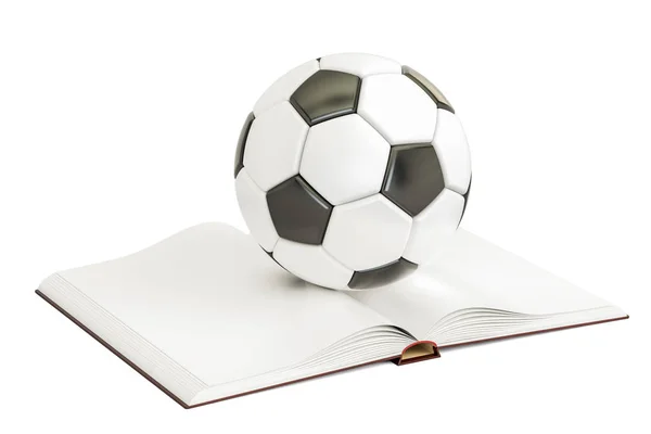 Libro bianco aperto con pallone da calcio, rendering 3D — Foto Stock