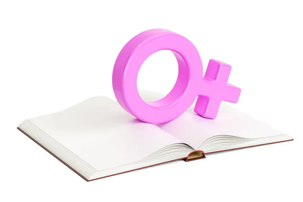 Livro em branco aberto com símbolo de gênero feminino, renderização 3D — Fotografia de Stock