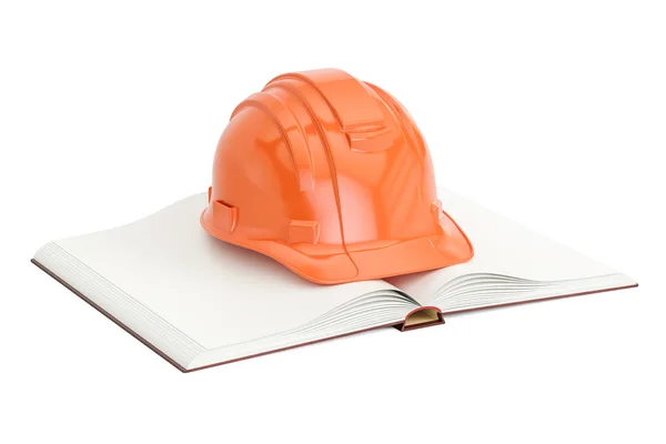 Livre blanc ouvert avec hardhat, rendu 3D — Photo