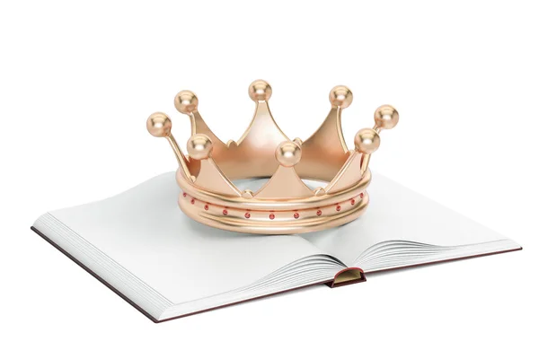 Livre blanc ouvert avec couronne dorée, rendu 3D — Photo