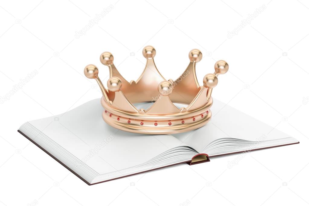 Opened blank book with golden crown, 3D rendering