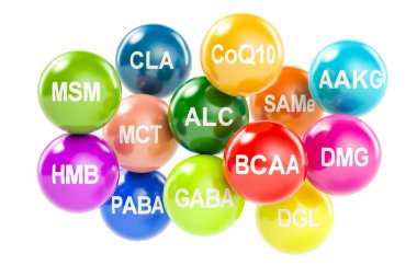 Set of amino acids. AAKG, ALC, BCAA, CLA, CoQ10, GABA, DGL, HMB, clipart
