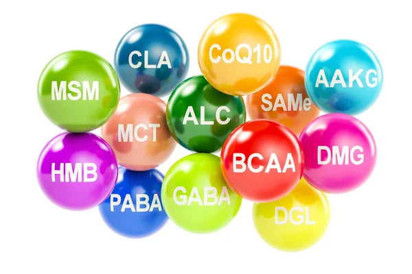 Set di aminoacidi. AAKG, ALC, BCAA, CLA, CoQ10, GABA, DGL, HMB , — Foto Stock