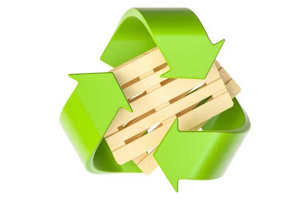Ξύλινες παλέτες με σύμβολο ανακύκλωσης, 3d rendering — Φωτογραφία Αρχείου