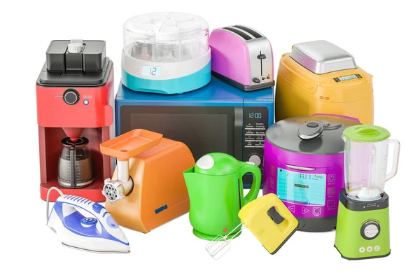 色のキッチン家電のセットです。トースター、やかん、coffeem — ストック写真