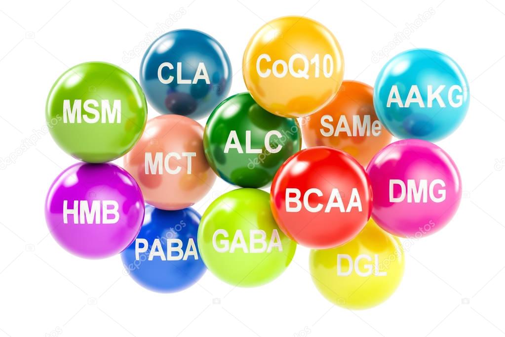 Set of amino acids. AAKG, ALC, BCAA, CLA, CoQ10, GABA, DGL, HMB,