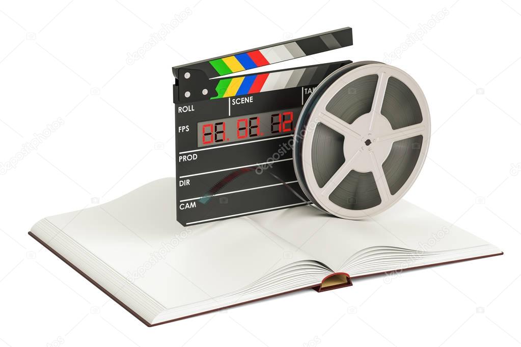 Screenplay Film concept. Book with film trips and clapperboard, 