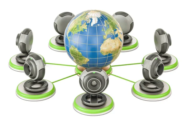 Globales Kommunikationskonzept, Erdkugel mit Webcams. 3d rende — Stockfoto