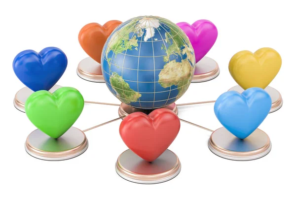 Інтернет концепція знайомств. Земна куля з кольоровими серцями, 3D — стокове фото