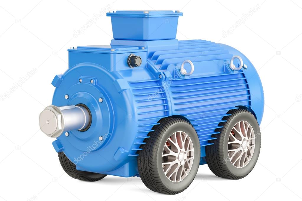 Blue industrial electric motor on car wheels, 3D rendering