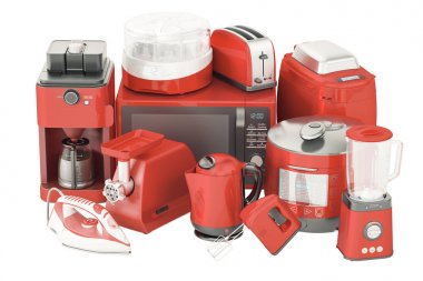 Kırmızı mutfak ev aletleri kümesi. Tost makinesi, su ısıtıcısı, kahve makinesi