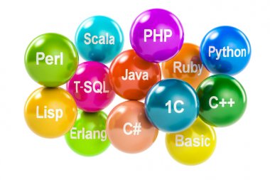Programlama dilleri adları, 3d render ile renkli toplar kümesi